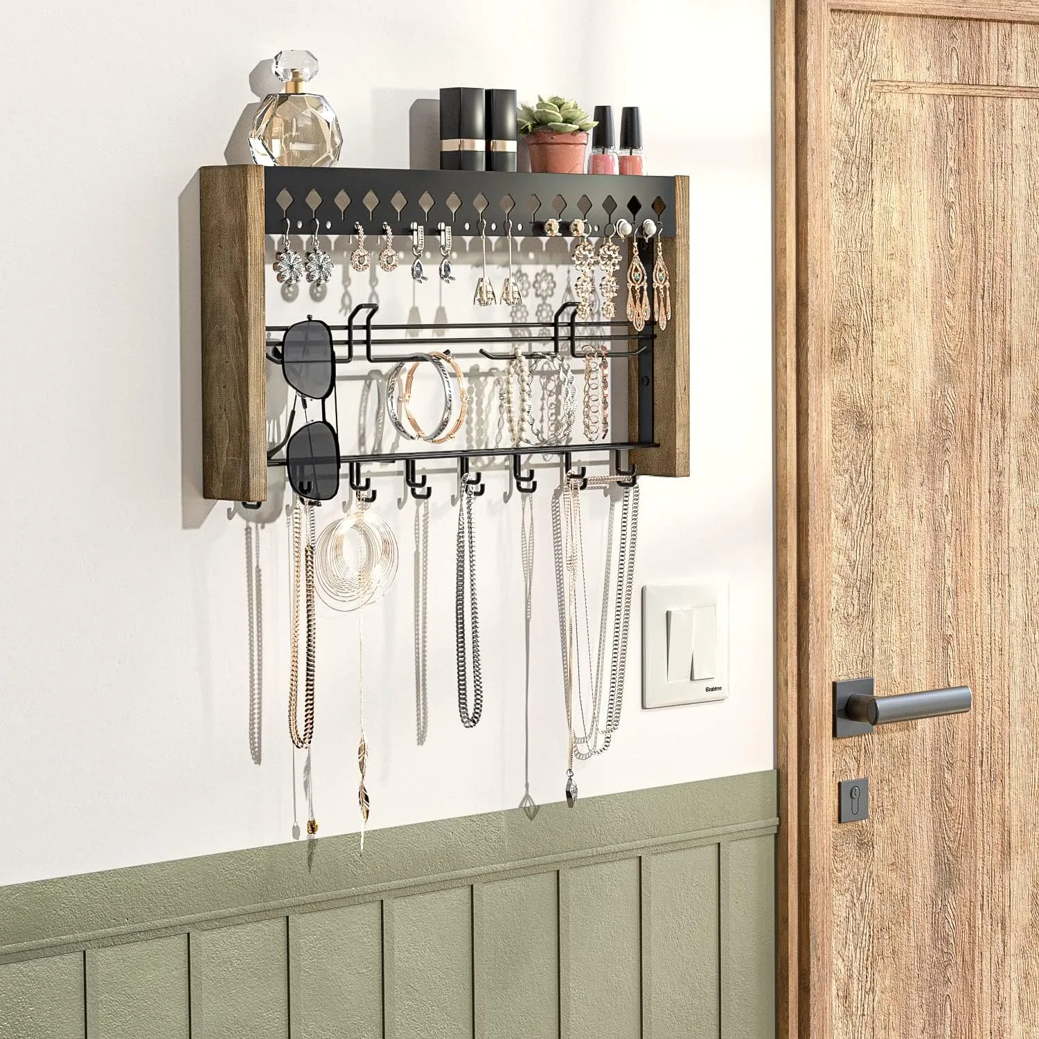 J JACKCUBE DESIGN Rustic Wood Wall Mount Jewelry Organizer with Metal Hooks for Necklaces Earrings and Bracelets (Wood) : MK460A