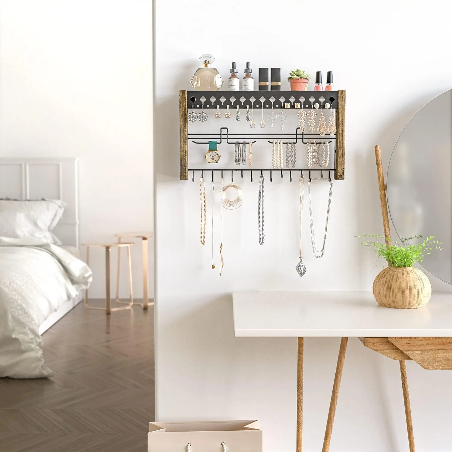 J JACKCUBE DESIGN Rustic Wood Wall Mount Jewelry Organizer with Metal Hooks for Necklaces Earrings and Bracelets (Wood) : MK460A