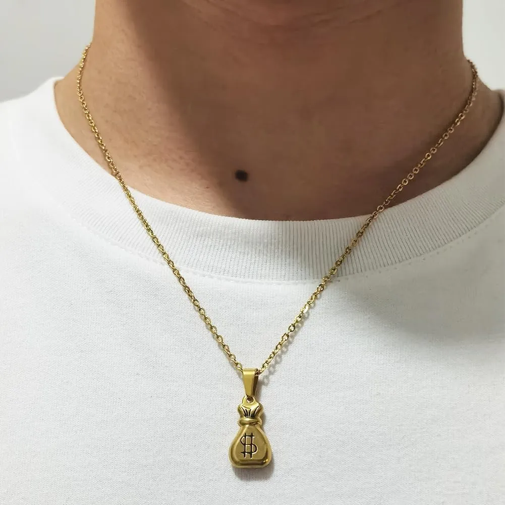 JczR.Y Dollar Sign Necklace Gold Money Bag Necklace for Women Men Stainless Steel Money Necklace Pendant Fashion Good Lucky Get Rich Neck Chain Jewelry Gifts