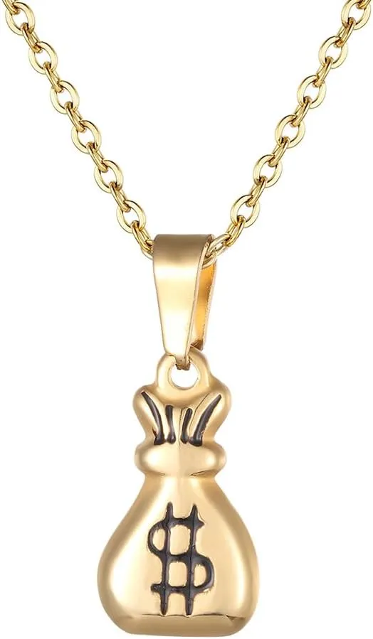 JczR.Y Dollar Sign Necklace Gold Money Bag Necklace for Women Men Stainless Steel Money Necklace Pendant Fashion Good Lucky Get Rich Neck Chain Jewelry Gifts