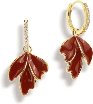 JeanBeau Gold Enamel Leaf Dangle Drop Small Hoop Earrings for Women Cute CZ Rhinestone Huggie Cartilage Earrings Dangling Hypoallergenic Prom Fashion Jewelry Gift