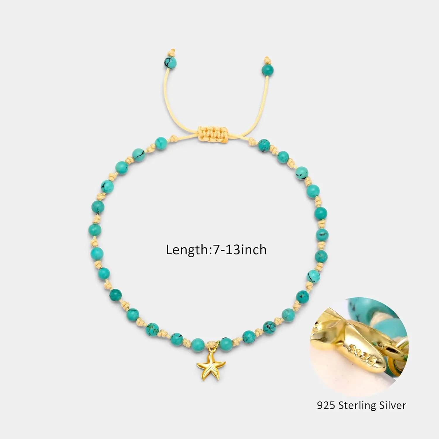 JENDEAR AAA Natural Gemstone Ankle Bracelet for Women with 18K Gold-plated in 925 Sterling Silver