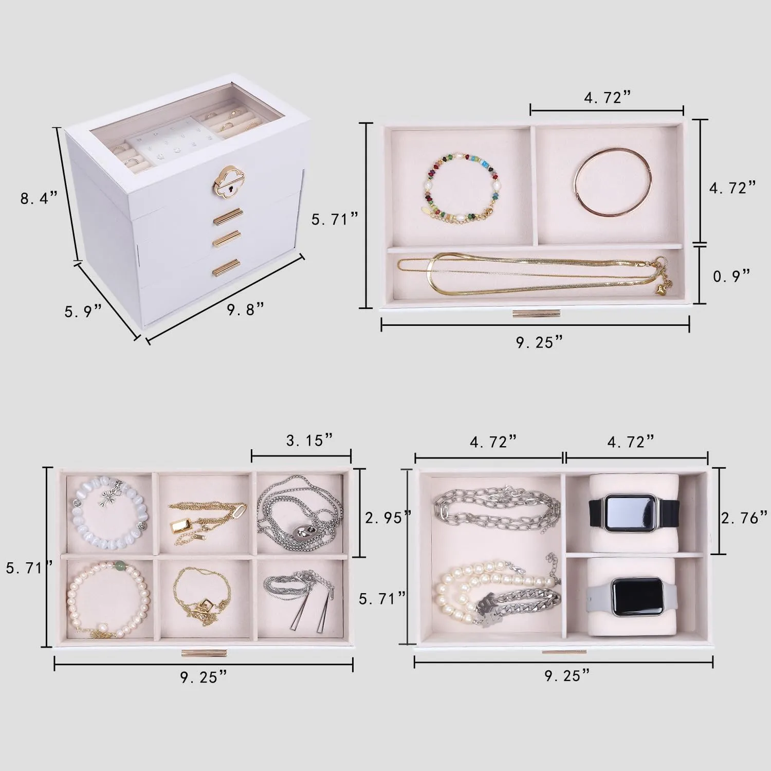 Jewelry Box for Women,Jewelry Organizer 3 layers 2 Drawers with Glass Lid Necklace Holder for Necklaces Jewelry Storage Rings Earrings Bracelets Watch Mother Day Gift for Mom 5.3x7.8x9 Inch