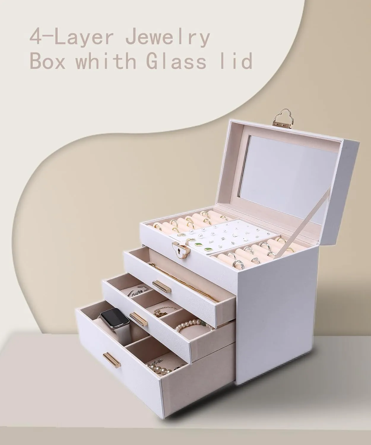 Jewelry Box for Women,Jewelry Organizer 3 layers 2 Drawers with Glass Lid Necklace Holder for Necklaces Jewelry Storage Rings Earrings Bracelets Watch Mother Day Gift for Mom 5.3x7.8x9 Inch