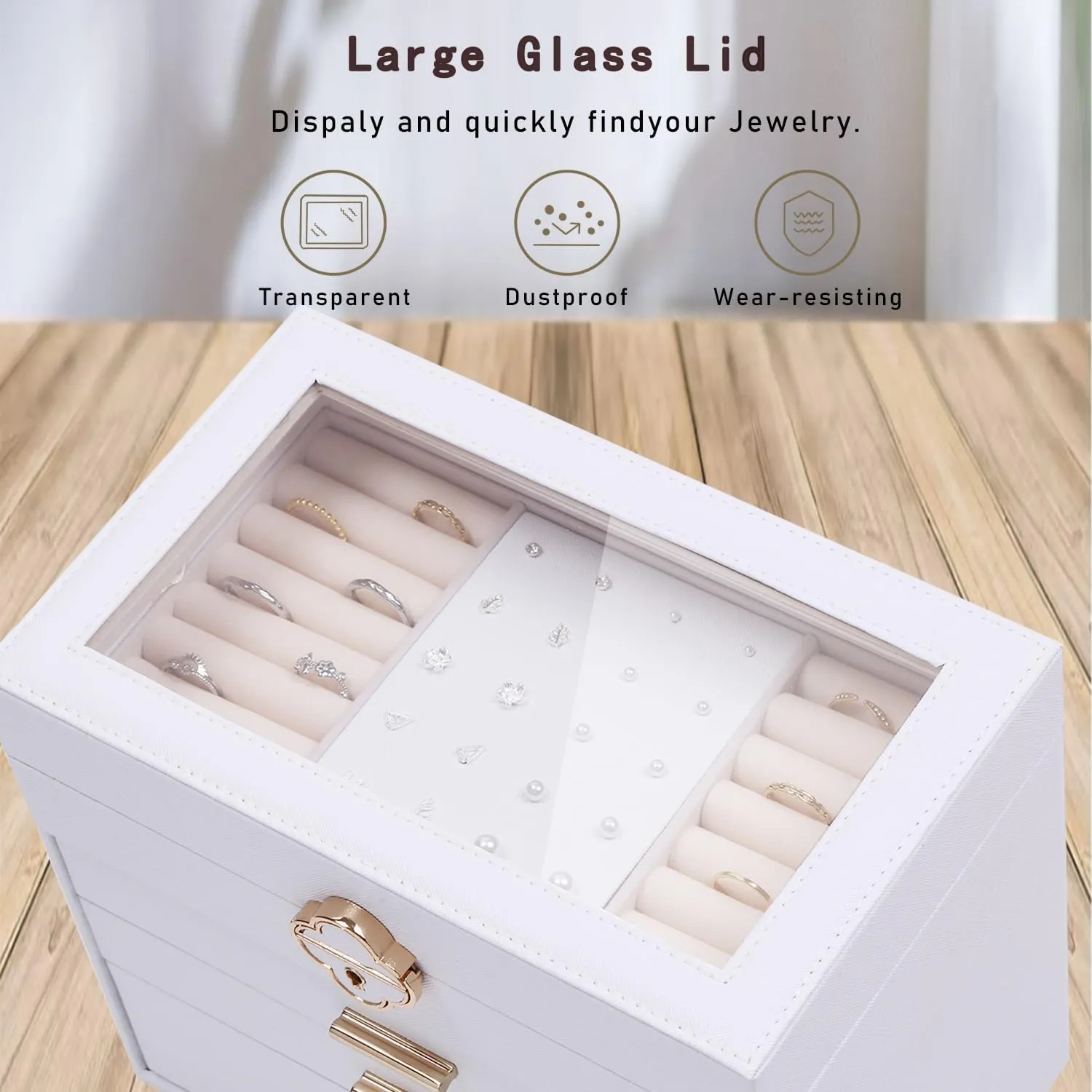 Jewelry Box for Women,Jewelry Organizer 3 layers 2 Drawers with Glass Lid Necklace Holder for Necklaces Jewelry Storage Rings Earrings Bracelets Watch Mother Day Gift for Mom 5.3x7.8x9 Inch