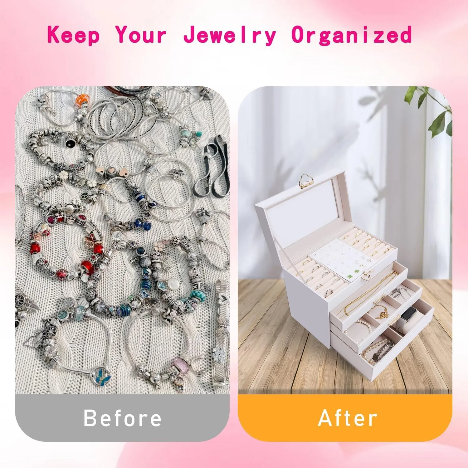 Jewelry Box for Women,Jewelry Organizer 3 layers 2 Drawers with Glass Lid Necklace Holder for Necklaces Jewelry Storage Rings Earrings Bracelets Watch Mother Day Gift for Mom 5.3x7.8x9 Inch