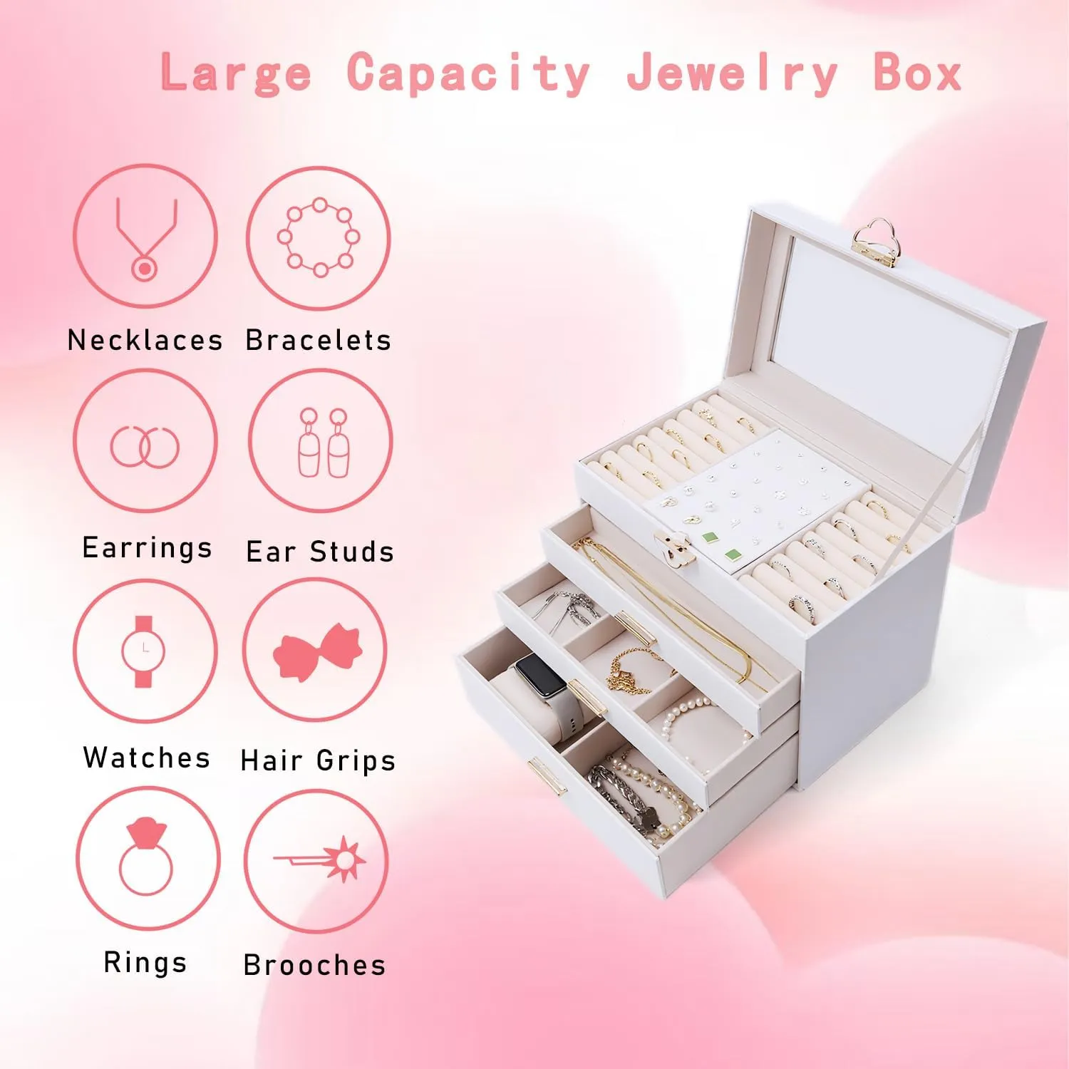 Jewelry Box for Women,Jewelry Organizer 3 layers 2 Drawers with Glass Lid Necklace Holder for Necklaces Jewelry Storage Rings Earrings Bracelets Watch Mother Day Gift for Mom 5.3x7.8x9 Inch
