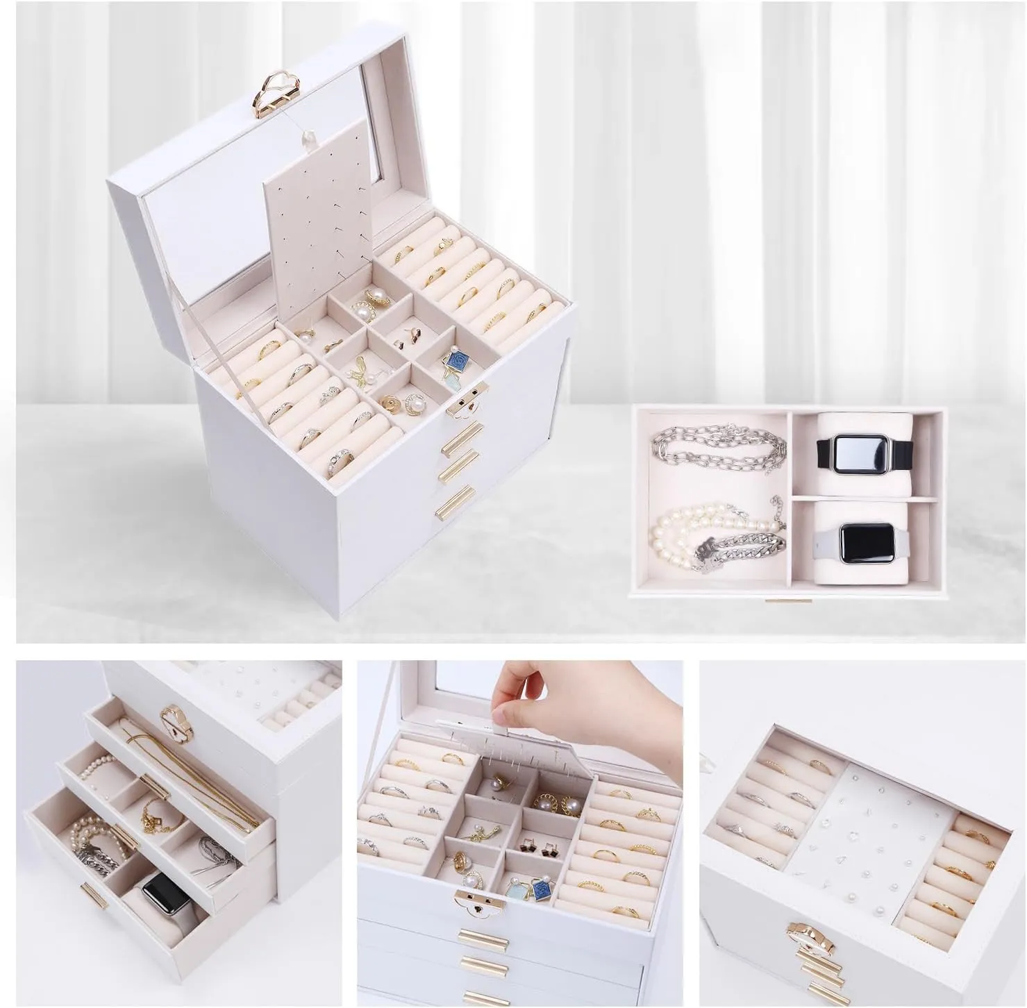 Jewelry Box for Women,Jewelry Organizer 3 layers 2 Drawers with Glass Lid Necklace Holder for Necklaces Jewelry Storage Rings Earrings Bracelets Watch Mother Day Gift for Mom 5.3x7.8x9 Inch