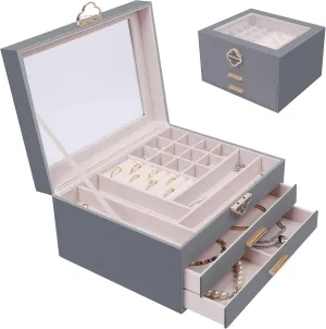 Jewelry Box for Women,Jewelry Organizer 3 layers 2 Drawers with Glass Lid Necklace Holder for Necklaces Jewelry Storage Rings Earrings Bracelets Watch Mother Day Gift for Mom 5.3x7.8x9 Inch,Gray