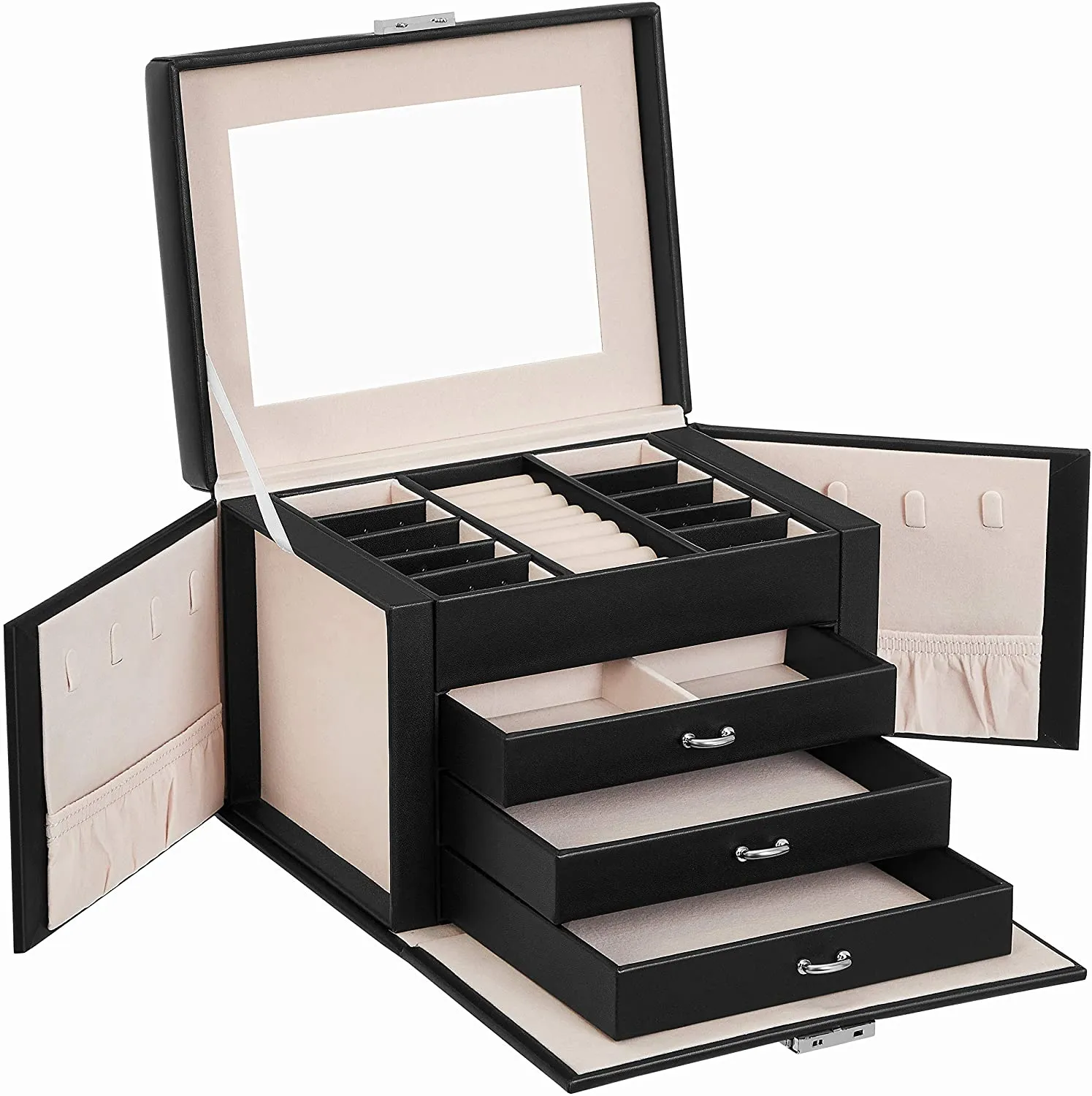 Jewelry Box, Jewelry Organizer 4 Levels, Lockable Jewelry Storage Case with Trays, Velvet Lining