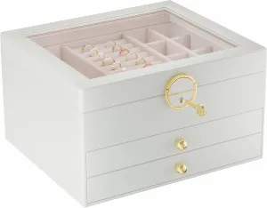 Jewelry Box with Glass Lid, 3-Layer Jewelry Organizer with 2 Drawers for Earring, Ring, Necklace, Bracelets, PU Leather Jewelry Chest Storage Case for Women&Girls Gift - White