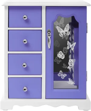 Jewelry Box Wooden Organizer for Girls Necklaces Bracelets Rings Storage with 4 Drawers and Swing Door, Butterfly Decor (Purple)