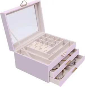 Jewelry Boxes for Women Girls, 3-Layer Jewelry Organizer with Glass Lid, 2 Drawers Jewelry Organizer Box for Earring, Ring, Necklace, Bracelets