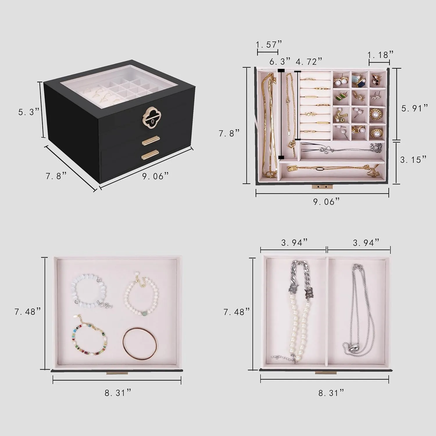 Jewelry Boxes for Women Girls, 3-Layer Jewelry Organizer with Glass Lid, 2 Drawers Jewelry Organizer Box for Earring, Ring, Necklace, Bracelets