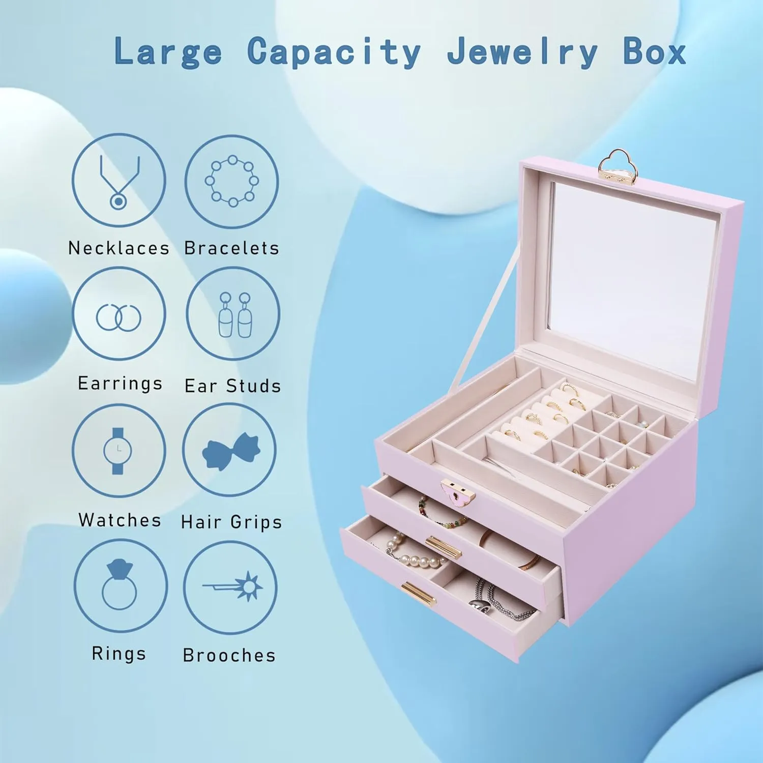 Jewelry Boxes for Women Girls, 3-Layer Jewelry Organizer with Glass Lid, 2 Drawers Jewelry Organizer Box for Earring, Ring, Necklace, Bracelets