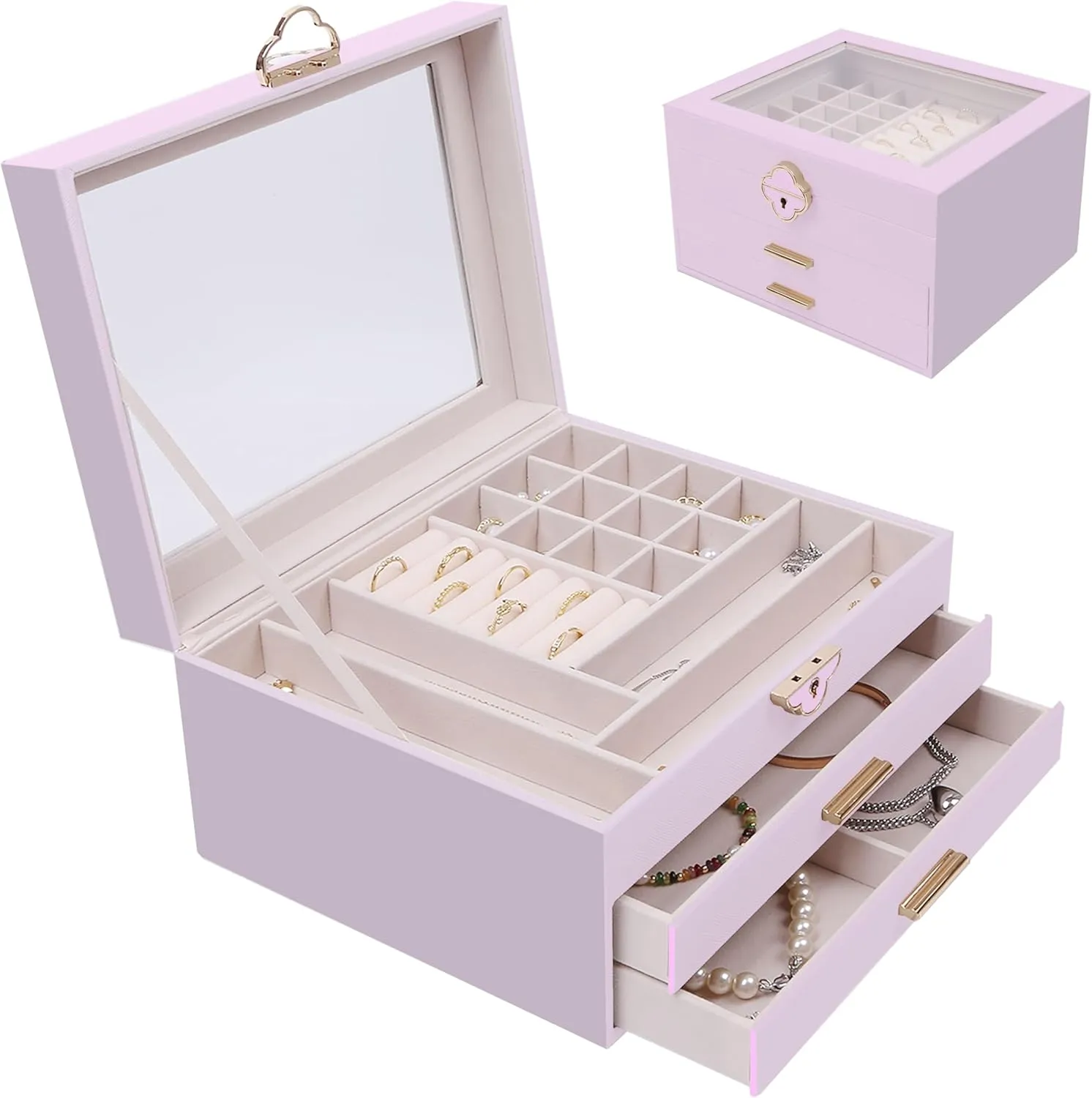 Jewelry Boxes for Women Girls, 3-Layer Jewelry Organizer with Glass Lid, 2 Drawers Jewelry Organizer Box for Earring, Ring, Necklace, Bracelets