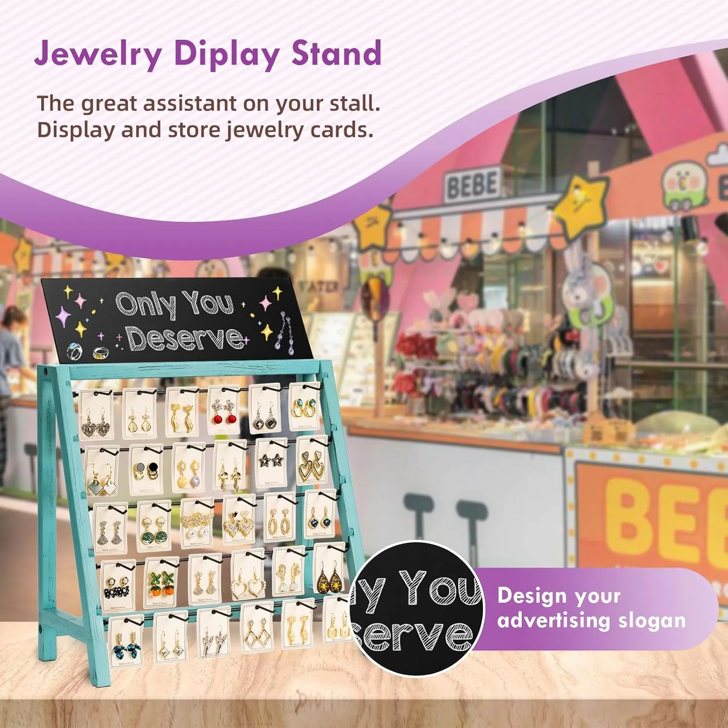 Jewelry Display for Vendors, 30 Hooks Wood Earring Display for Vendors Selling Bracelet Earring Holder with Adversitsing Board, Large Capacity Earring Display Stands Rack for Earring Cards