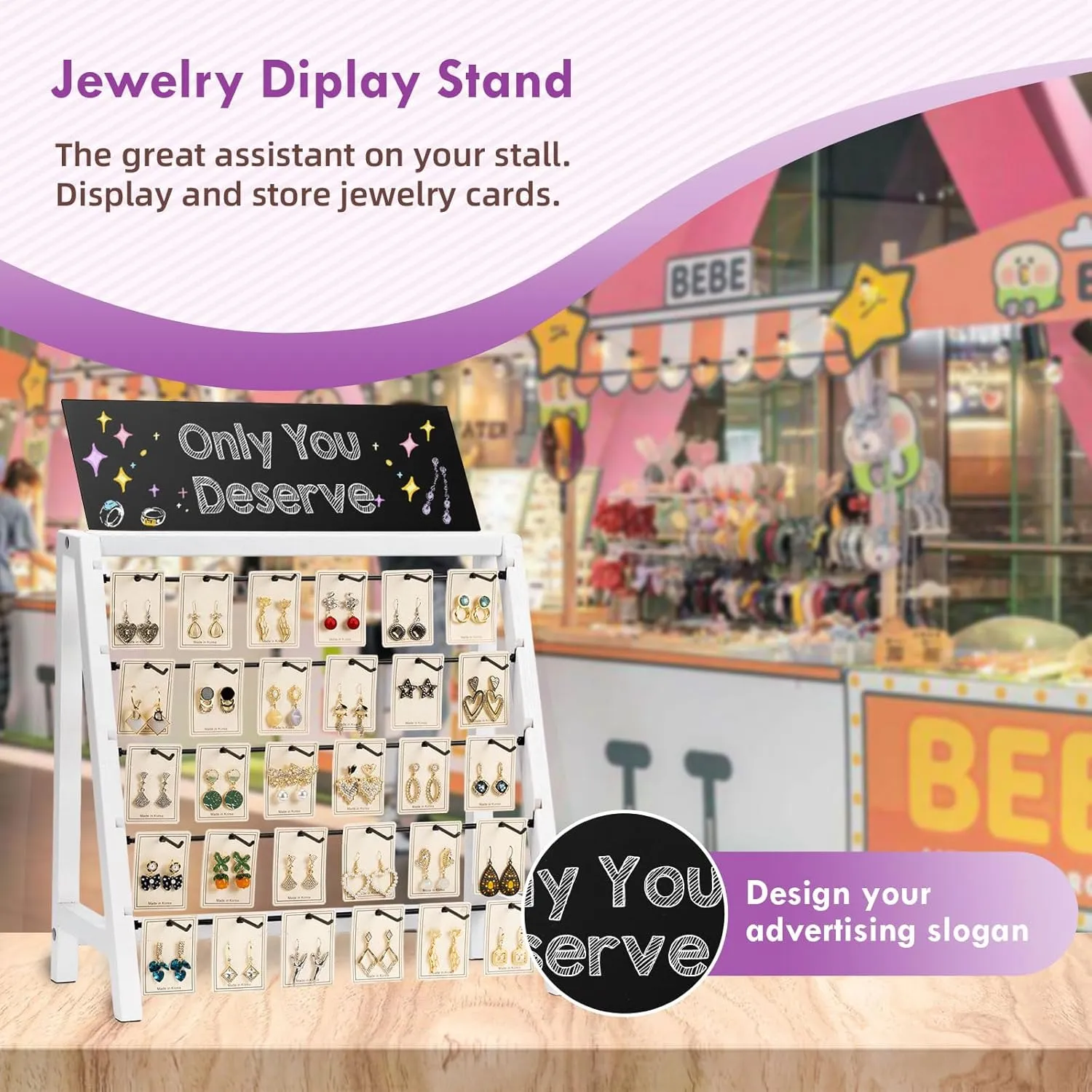 Jewelry Display for Vendors Selling, 30 Hooks Wood Earring Display for Vendors for Bracelet Earring with Adversitsing Board, Large Capacity Earring Display Stands Rack for Earring Cards