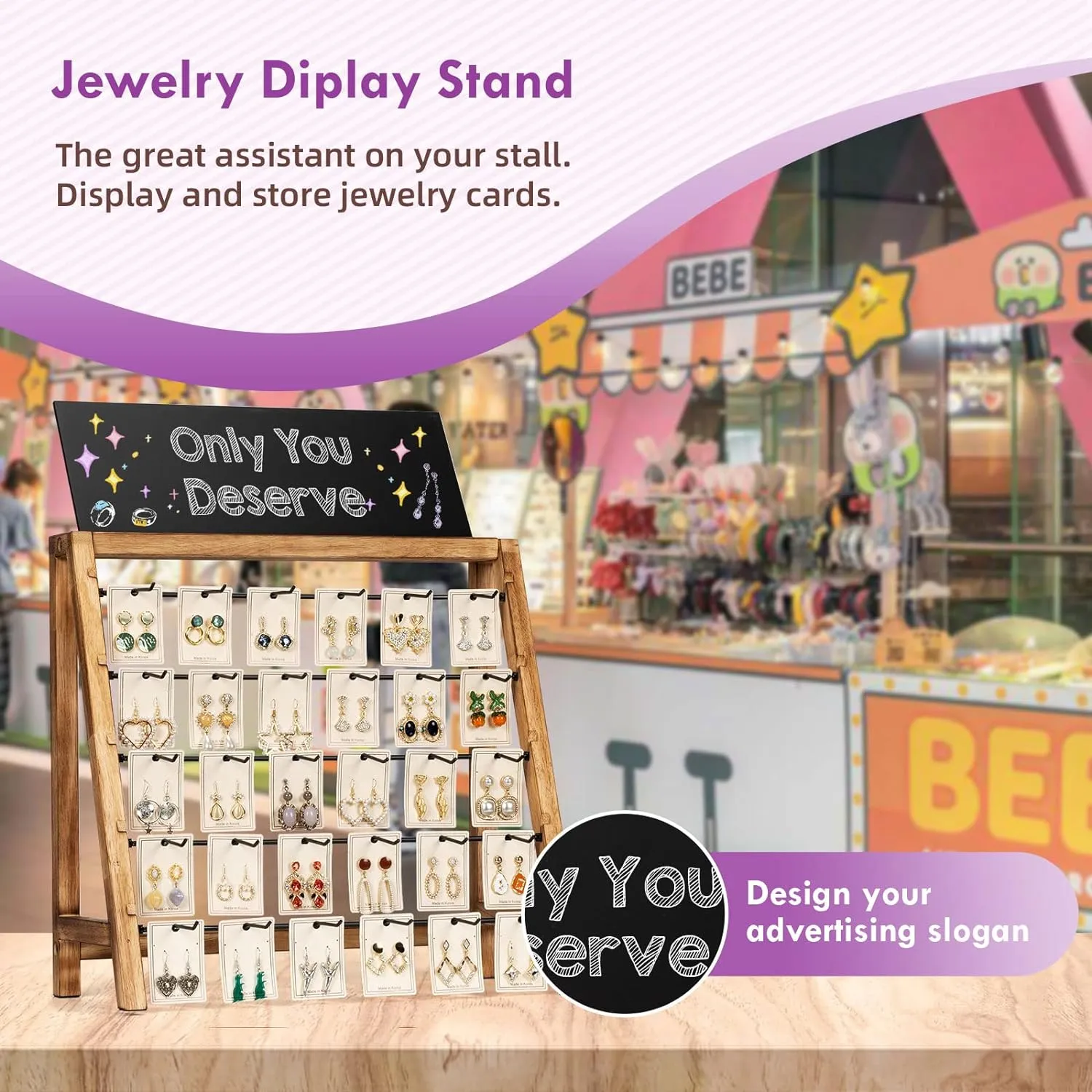 Jewelry Display for Vendors Selling, Wood Earring Bracelet Keychain Display for Vendors with Adversitsing Board 30 Hooks, Large Capacity Jewelry Holder Display Stands Rack for Earring Card