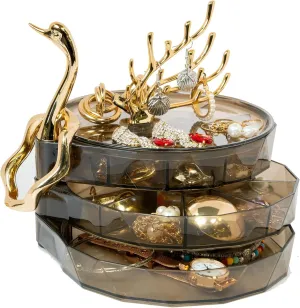 Jewelry Holder Organizer for Women, 3-Layer Rotating Jewelry Tray Case, Swan Shaped Lid for Rings, Earrings and Necklaces, Jewelry Storage Box Birthday Gifts for Mom Friends Girls, Black
