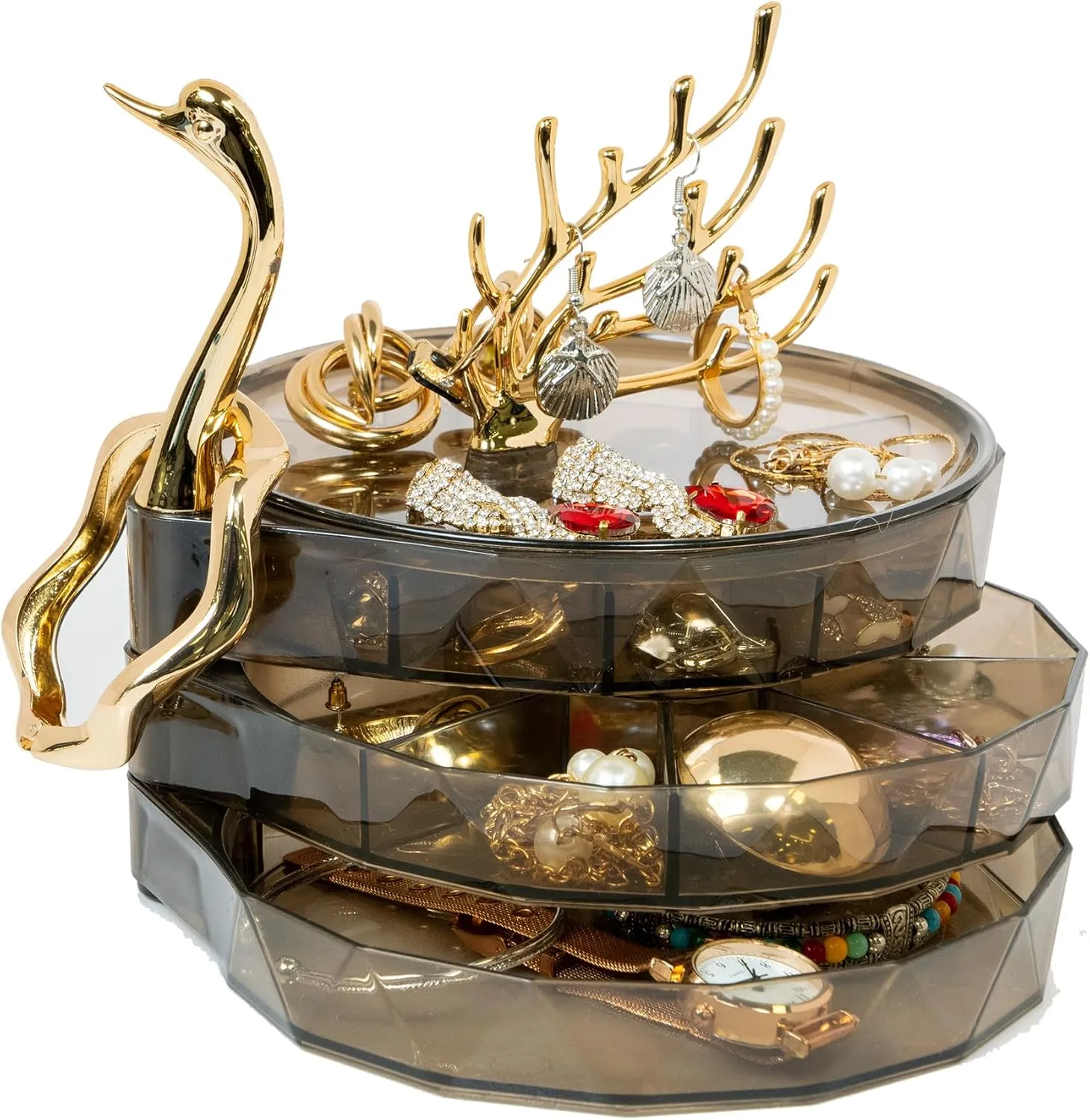 Jewelry Holder Organizer for Women, 3-Layer Rotating Jewelry Tray Case, Swan Shaped Lid for Rings, Earrings and Necklaces, Jewelry Storage Box Birthday Gifts for Mom Friends Girls, Black
