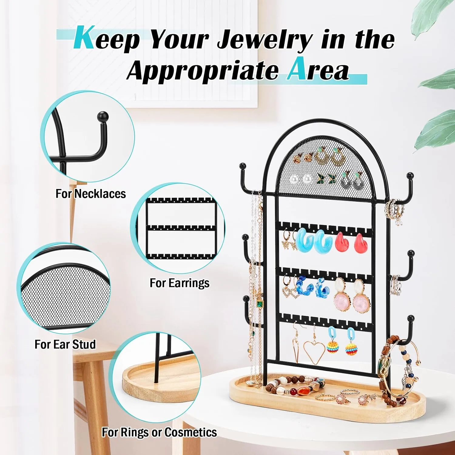 Jewelry Holder Organizer Stand Earing Holder Organizer with Tray, 3-Tier Earring Holder Organizer with 27 Holes, 6 Hooks Necklace Organizer, Jewelry Tree for Earring Necklaces Bracelets Rings, Black