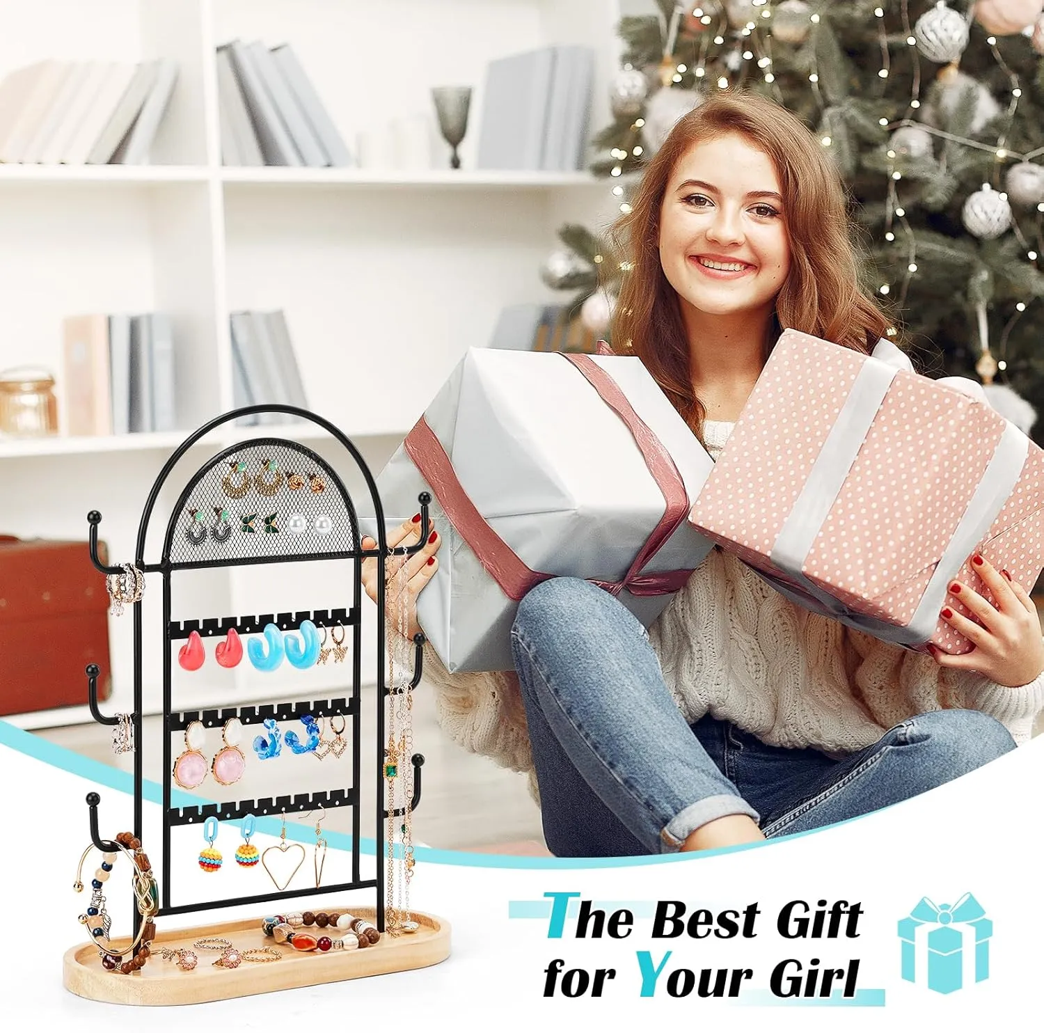 Jewelry Holder Organizer Stand Earing Holder Organizer with Tray, 3-Tier Earring Holder Organizer with 27 Holes, 6 Hooks Necklace Organizer, Jewelry Tree for Earring Necklaces Bracelets Rings, Black