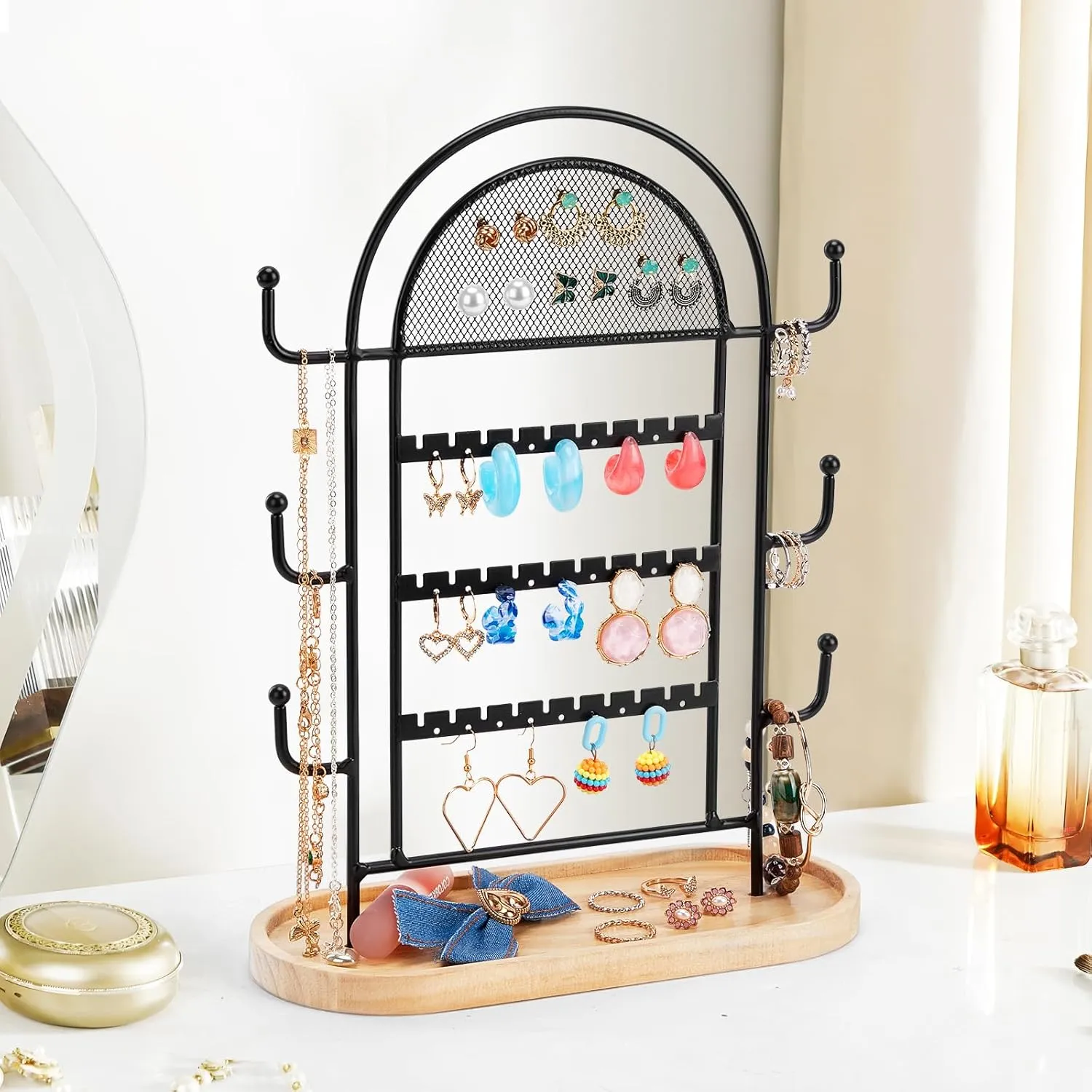 Jewelry Holder Organizer Stand Earing Holder Organizer with Tray, 3-Tier Earring Holder Organizer with 27 Holes, 6 Hooks Necklace Organizer, Jewelry Tree for Earring Necklaces Bracelets Rings, Black