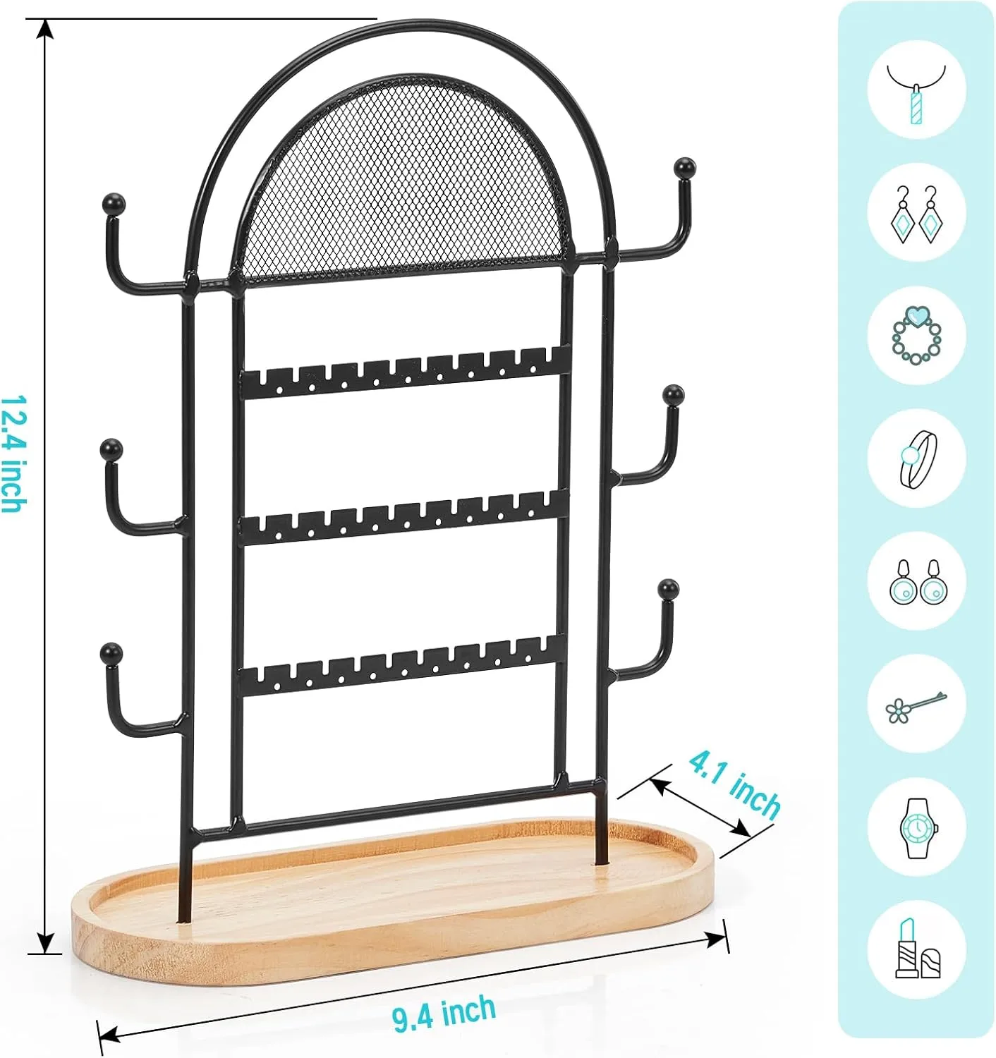 Jewelry Holder Organizer Stand Earing Holder Organizer with Tray, 3-Tier Earring Holder Organizer with 27 Holes, 6 Hooks Necklace Organizer, Jewelry Tree for Earring Necklaces Bracelets Rings, Black