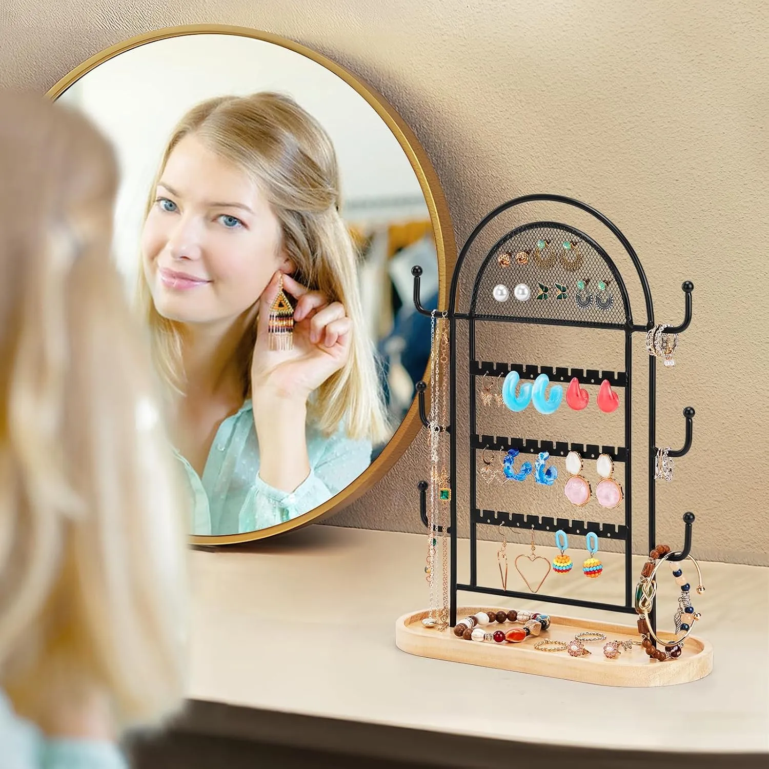 Jewelry Holder Organizer Stand Earing Holder Organizer with Tray, 3-Tier Earring Holder Organizer with 27 Holes, 6 Hooks Necklace Organizer, Jewelry Tree for Earring Necklaces Bracelets Rings, Black