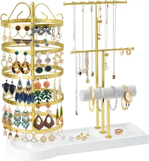 Jewelry Organizer Stand, Metal Rotating Earring Holder Organizer, Multi-Functional Adjustable Necklace Rack Holder Bracelet Watch Holder for Jewelry Earrings Ring (Gold)