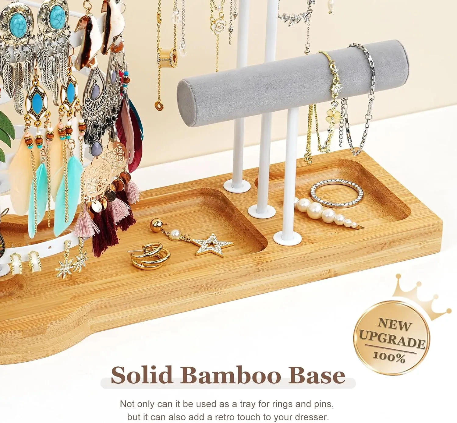 Jewelry Organizer Stand with Bamboo Base, Metal Rotating Earring Holder Organizer, Multi-Functional Adjustable Necklace Rack Holder Bracelet Watch Holder for Jewelry Earrings Ring