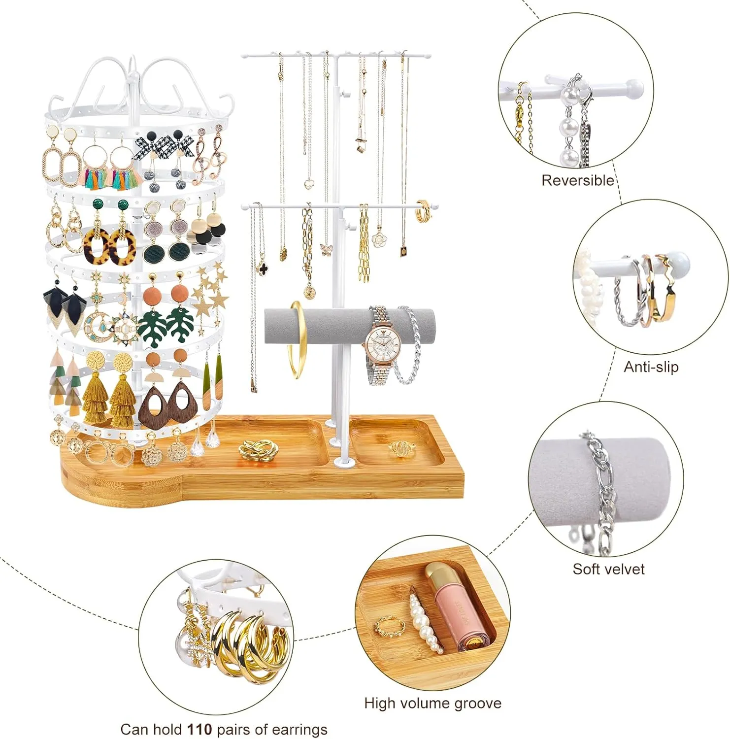 Jewelry Organizer Stand with Bamboo Base, Metal Rotating Earring Holder Organizer, Multi-Functional Adjustable Necklace Rack Holder Bracelet Watch Holder for Jewelry Earrings Ring