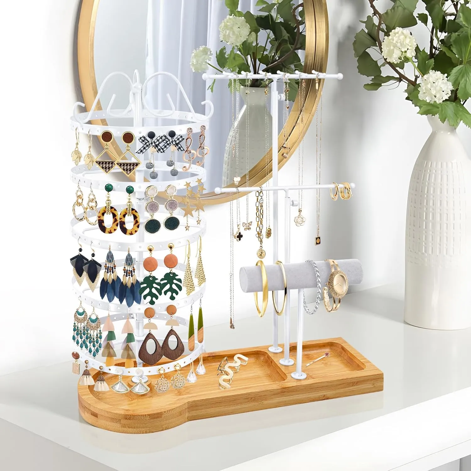 Jewelry Organizer Stand with Bamboo Base, Metal Rotating Earring Holder Organizer, Multi-Functional Adjustable Necklace Rack Holder Bracelet Watch Holder for Jewelry Earrings Ring