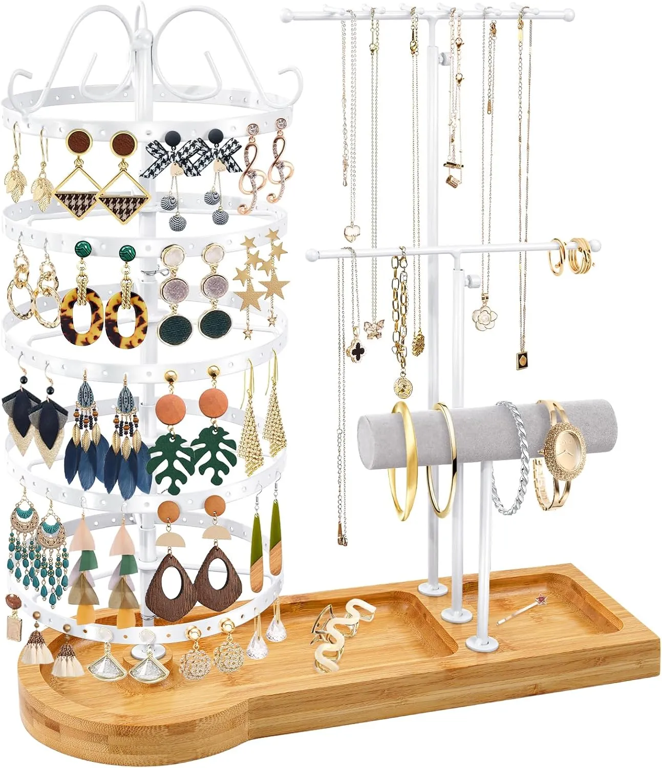 Jewelry Organizer Stand with Bamboo Base, Metal Rotating Earring Holder Organizer, Multi-Functional Adjustable Necklace Rack Holder Bracelet Watch Holder for Jewelry Earrings Ring