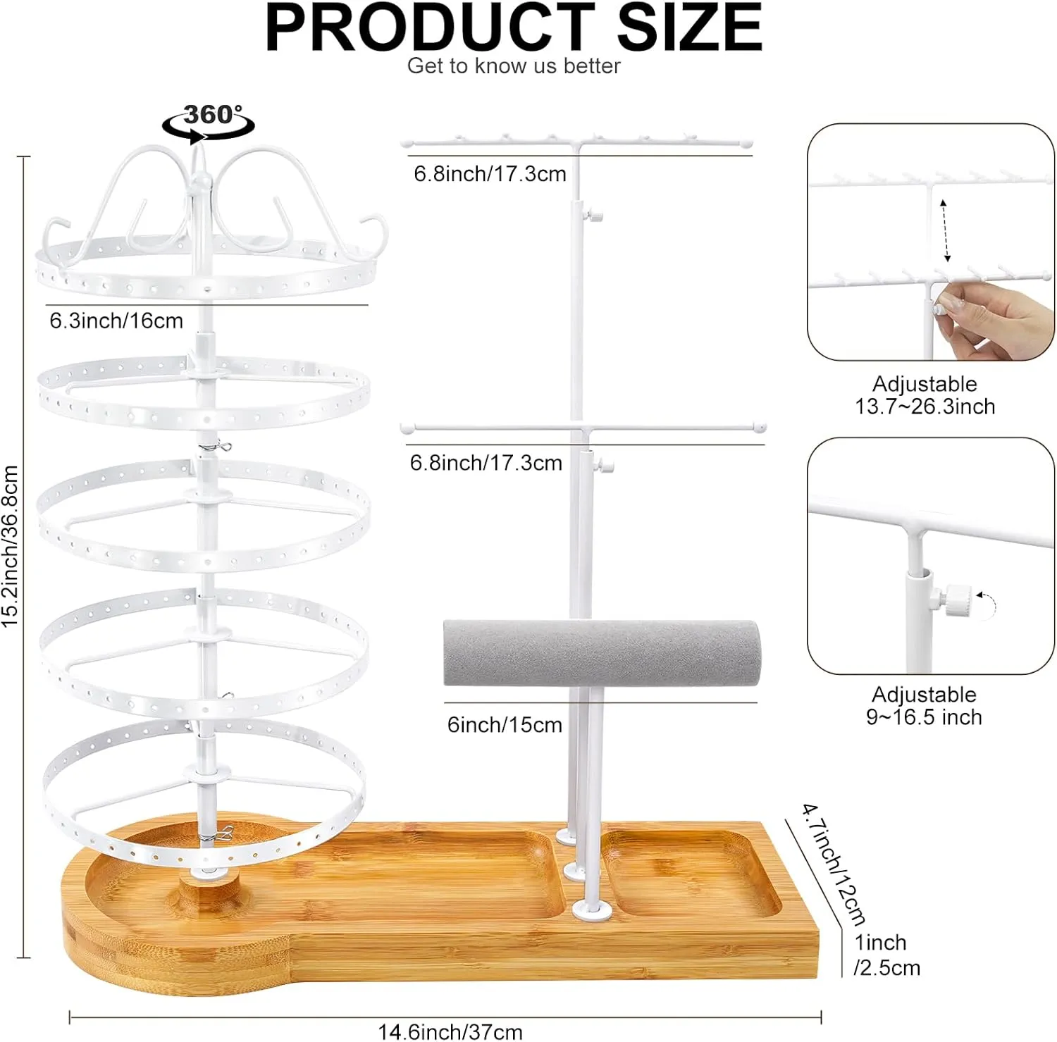Jewelry Organizer Stand with Bamboo Base, Metal Rotating Earring Holder Organizer, Multi-Functional Adjustable Necklace Rack Holder Bracelet Watch Holder for Jewelry Earrings Ring