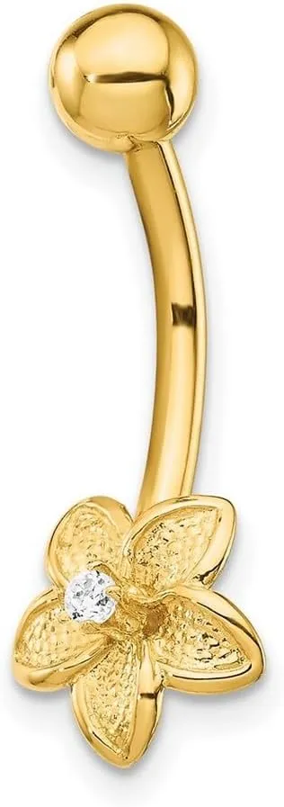 JewelryWeb 8.87mm 14k Solid Yellow Gold CZ Simulated Diamond Flower Belly Ring Body Piercing-Ring for Women