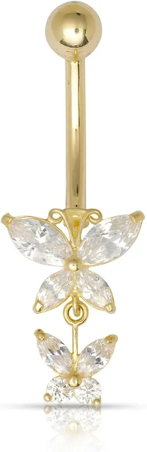 JewelryWeb - Solid 10k Yellow Gold 14G Double Butterfly Dangling CZ Belly Ring - 10mm x 29mm - Butterfly Navel Piercing for Women - Hypoallergenic and non Tarnish