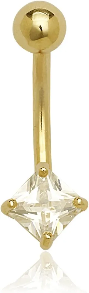 JewelryWeb Solid 14k Gold Square CZ Cubic Zirconia Curved Barbell Belly Button Navel Ring Dangle Piercing (6mm x 18mm)