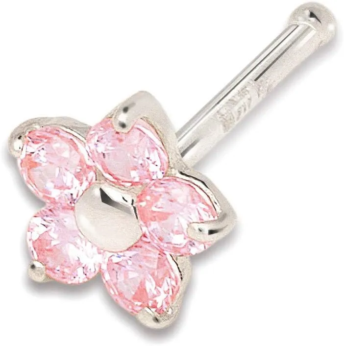 JewelryWeb Solid 14k White Gold Cubic Zirconia 3mm Flower Nose Stud (Five Color)