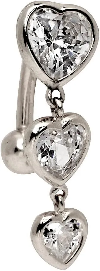 JewelryWeb Solid 14k Yellow or White Gold Graduated Heart Cubic Zirconia Top Mount Belly Button Ring Dangle (7mm x 24mm)