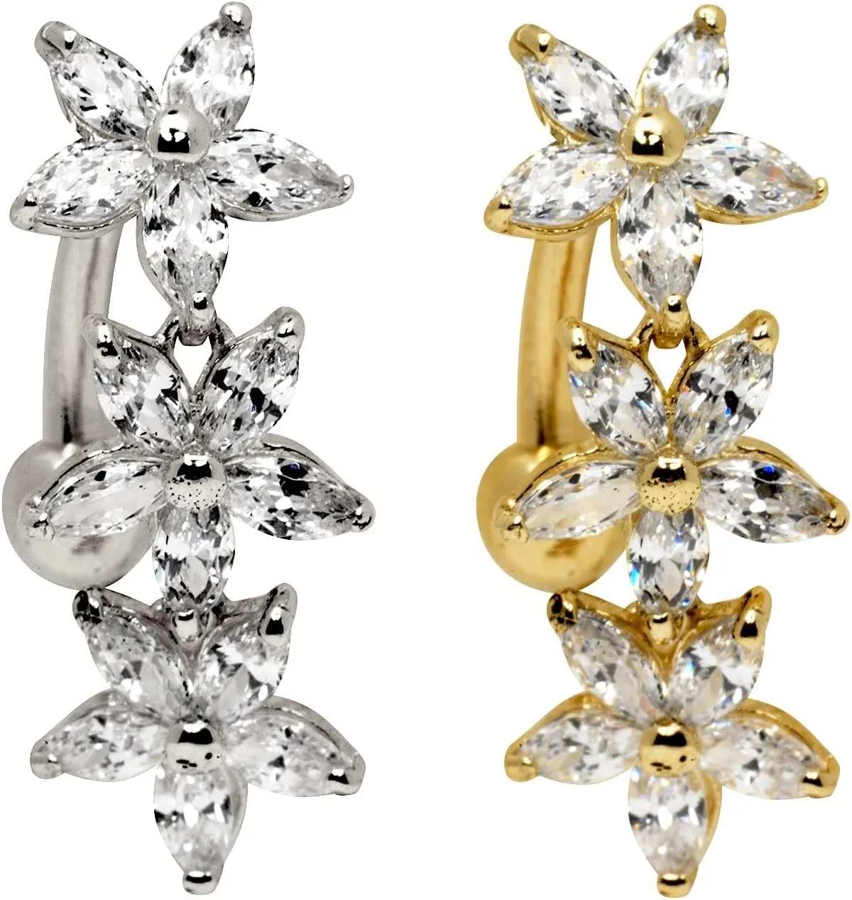JewelryWeb Solid 14k Yellow or White Gold Marquise Flower Cubic Zirconia Top Mount Belly Button Ring Dangle (7mm x 24mm)