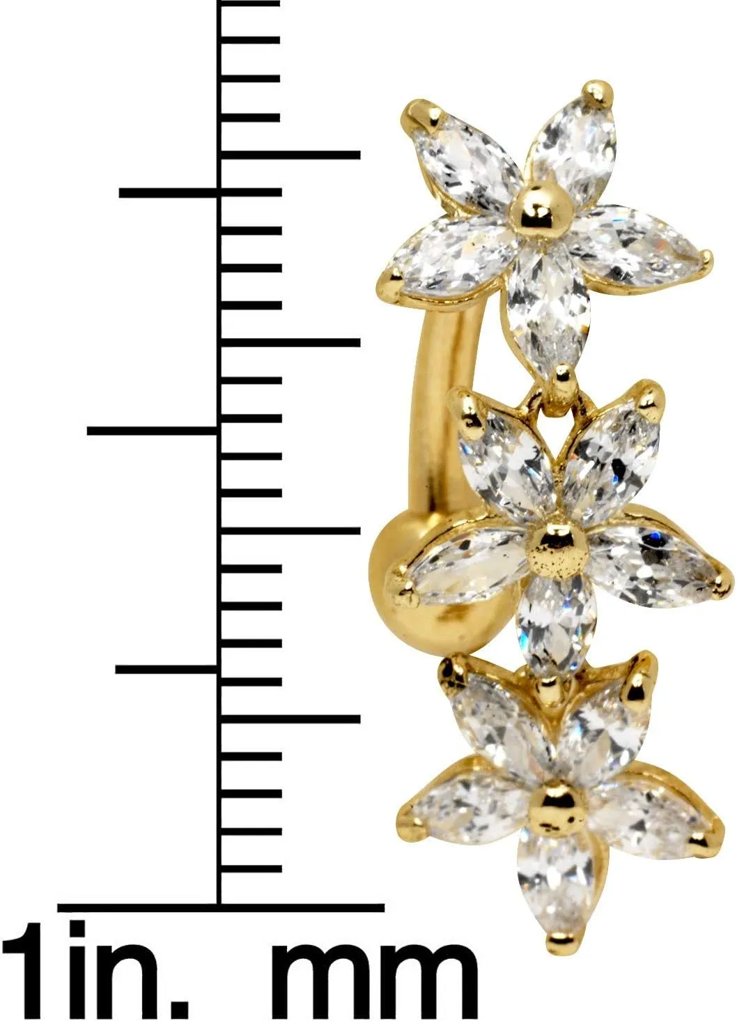 JewelryWeb Solid 14k Yellow or White Gold Marquise Flower Cubic Zirconia Top Mount Belly Button Ring Dangle (7mm x 24mm)
