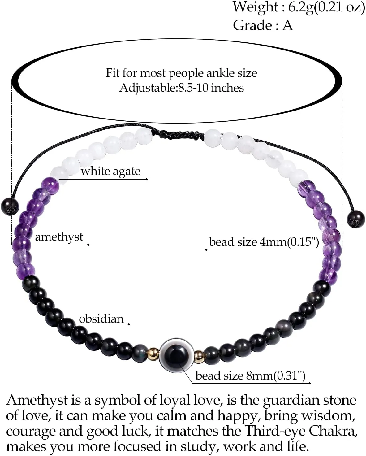 Jewever Evil Eye Anklet Bracelets for Women Energy Healing Crystals and Gemstones Worry Stone Beach Foot Meditation Yoga Jewelry
