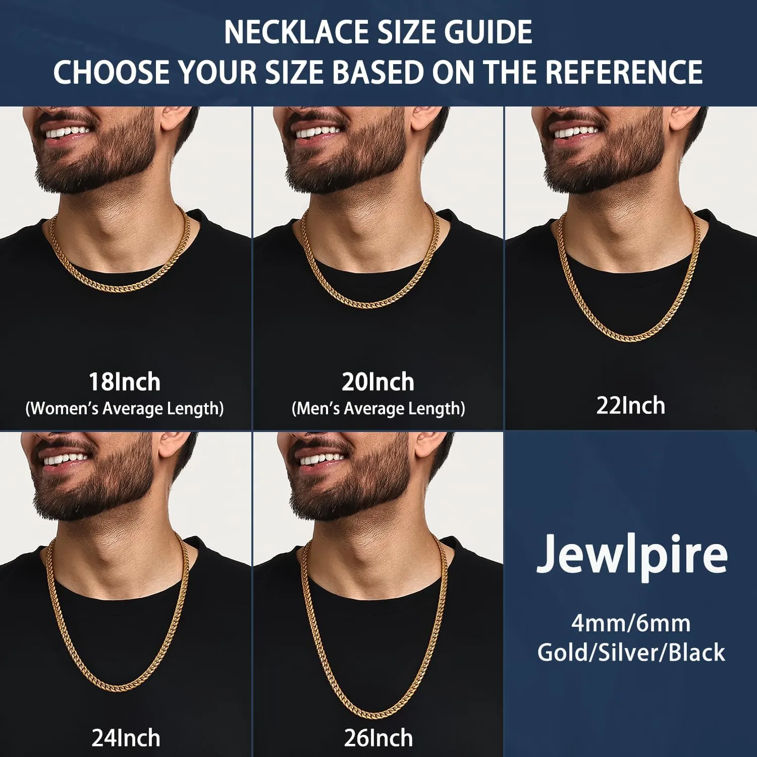 Jewlpire Silver/Black/Gold Chain for Men, Cuban Link Chain Necklace for Men Women, 4mm/6mm Mens Necklace 18K Gold Plated/316L Stainless Steel Mens Chains Necklaces 18/20/22/24/26 Inch