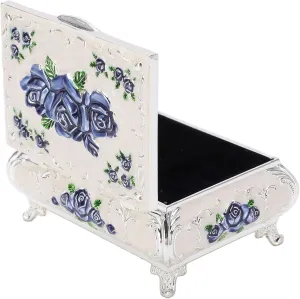 Jovenn Vintage Jewelry Box, Embossed Design Trinket Box Zinc Alloy Soft for Earrings for Rings for Jewelry Silver White Blue Rose