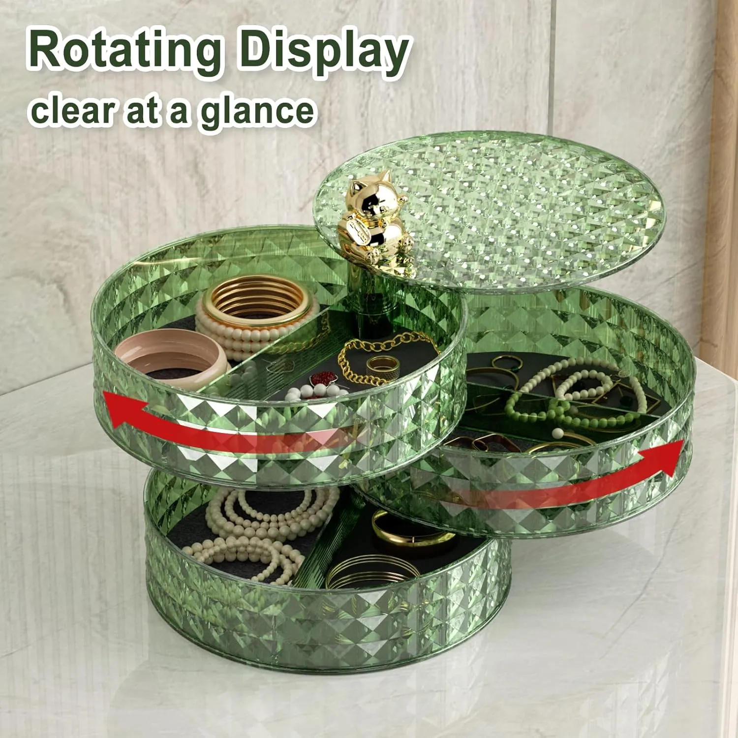 Jywantful Jewelry Box Large, 360 Rotating Jewelry Organizer for Women Girls, 3-Layer Stackable Jewelry Storage Display Tray Case for Earrings, Rings, Bracelets, Necklaces, Hair Accessories (Green)