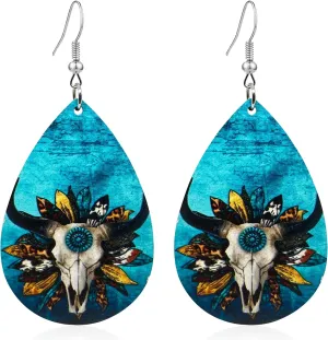 KaFu 4 Pairs Western Cowgirl Cowboy Earrings Boho Vintage Wood Teardrop Dangle Earrings for Women Girls Turquoise Print Earrings
