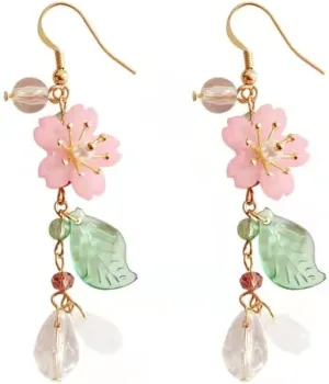 KaFu Pink Flower Dangle Earrings Cherry Blossoms Sakura Floral tassel Earrings Butterfly Fairy Leaf Petal Long Drop Earrings for Women Girls Summer Accessories