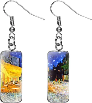 KaFu Rectangle Van Gogh Painting Starry Sky Sunflower Drop Dangle Earrings Abstract Art Trendy Glass Earrings for Women Girls Charm Jewelry